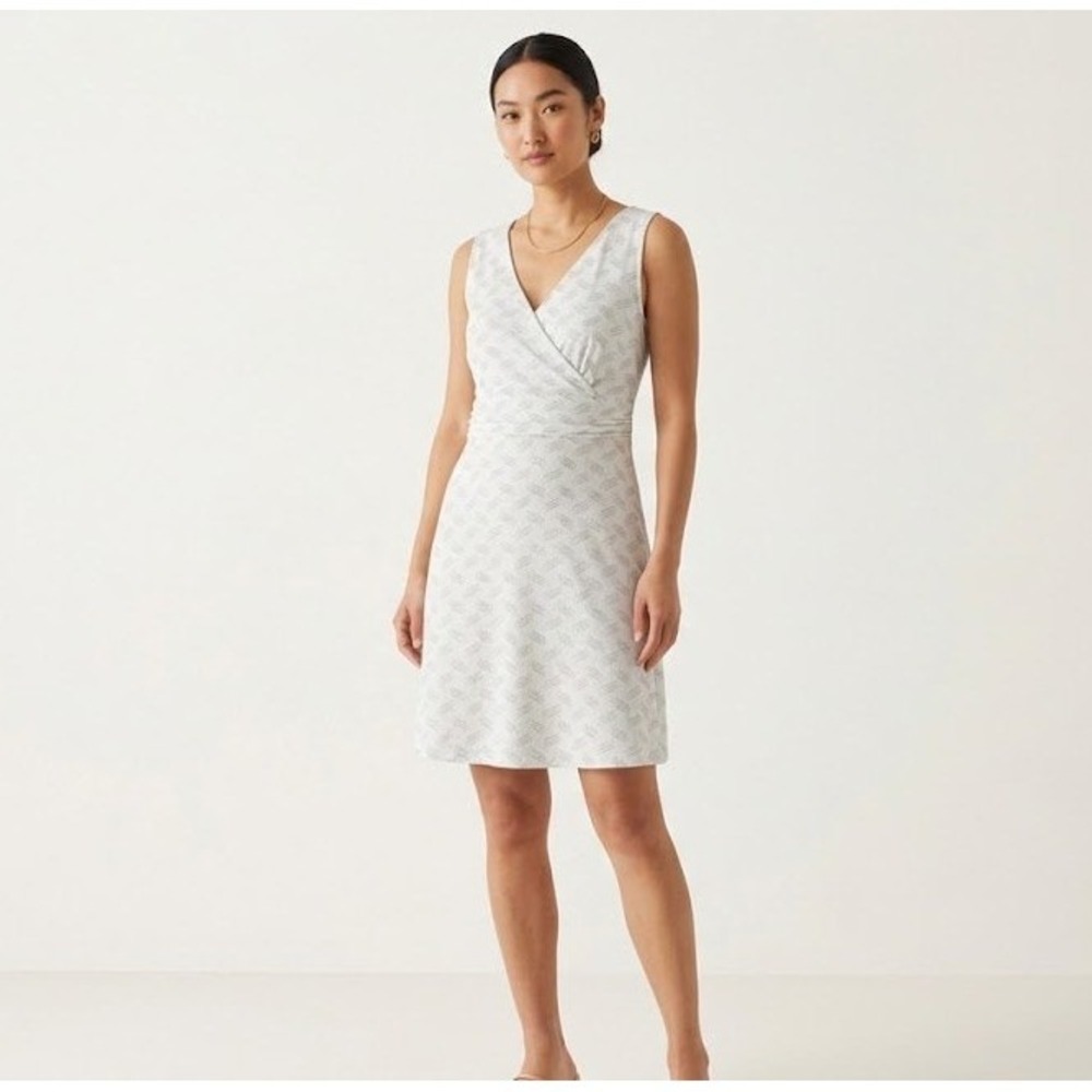 Eddie Bauer Travex Faux Wrap Midi Dress Womens XL White Grey Geometric Wave
